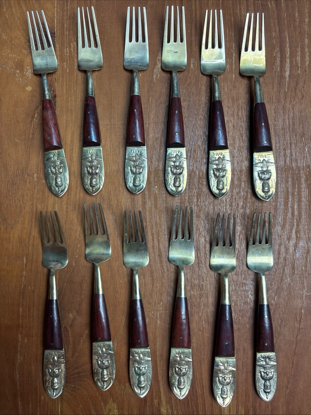 Vintage Siam Thailand Fork Dinner Dessert 12 Pieces Silverware Brass Wood Handle